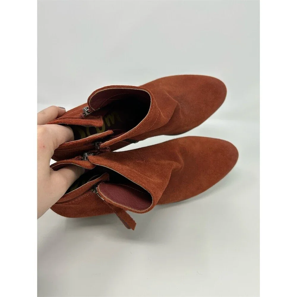 Sam Edelman Womens Ankle Booties Rust Red Side Zip Tassel Block Heel Almond 10